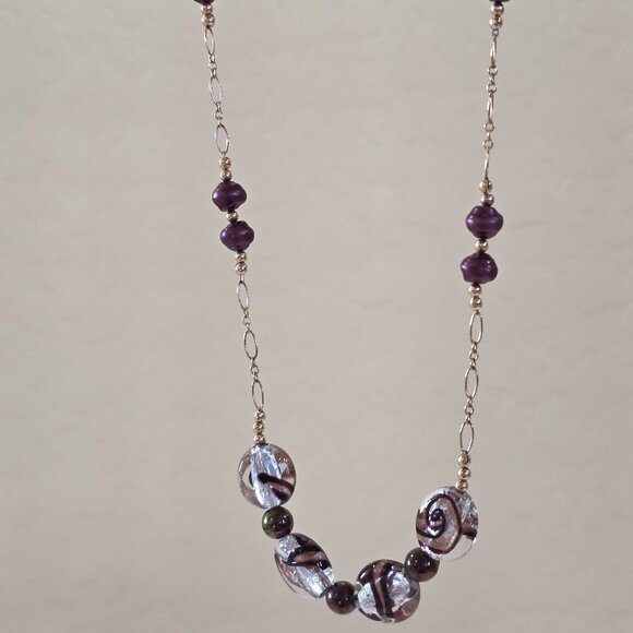 Vintage Murano Peacock Crimson Glass Pearl Amethyst Cat Eye Bead 14k/20 Necklace - Picture 4 of 16